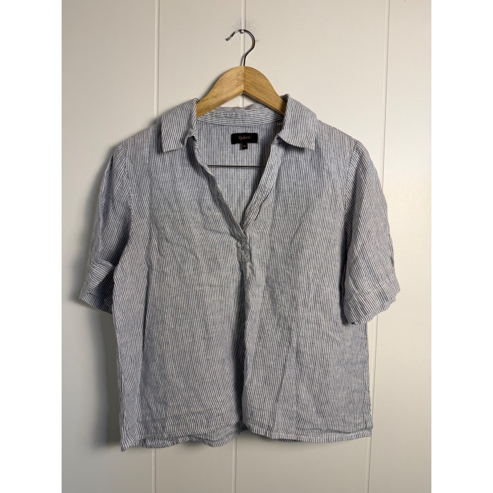 Quince Popover Top Size M Blue Pinstripe 100% European Linen Short Sleeve